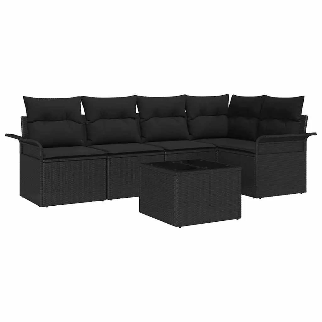 Garden Sofa Set Black 6 Piece Poly Rattan Outdoor Seating with Cushions and Storage