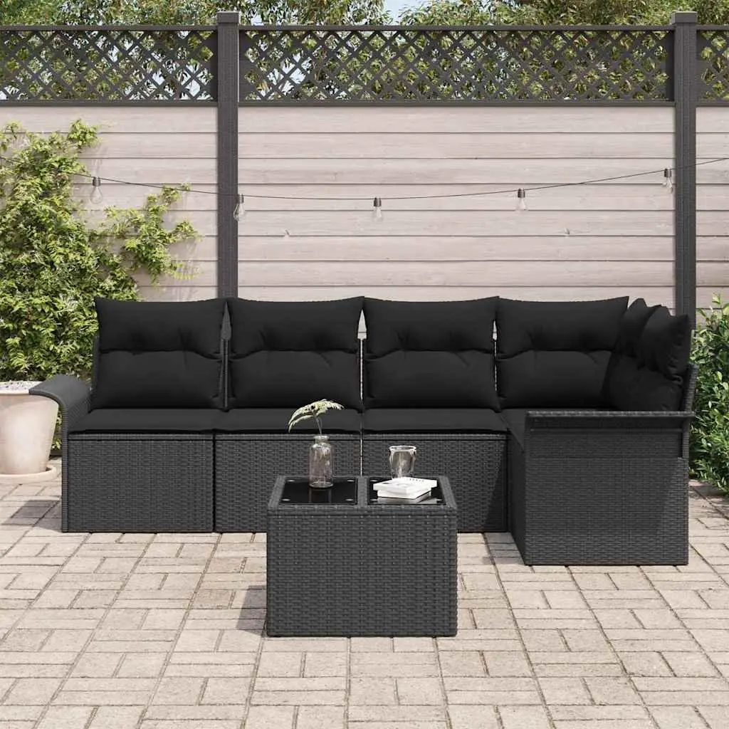 Garden Sofa Set Black 6 Piece Poly Rattan Outdoor Seating with Cushions and Storage