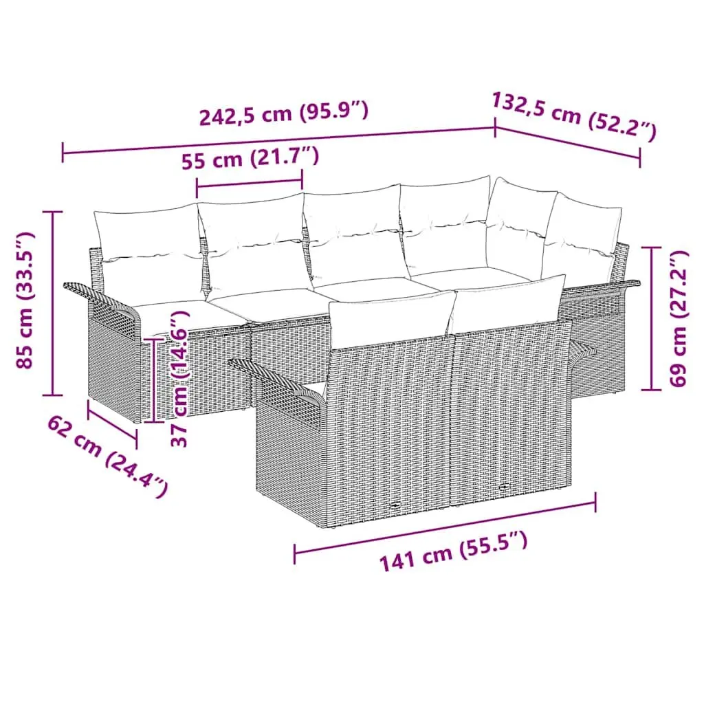 7 Piece Outdoor Garden Sofa Set Black Poly Rattan Patio Furniture with Cushions