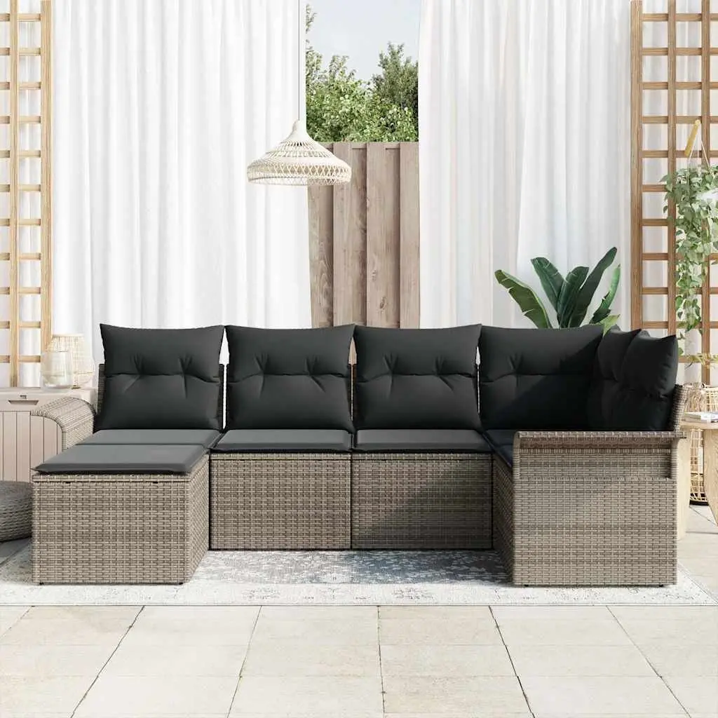 Modular Outdoor Furniture Set Grey Poly Rattan 6 Piece with Integrated Storage and Adjustable Height Table