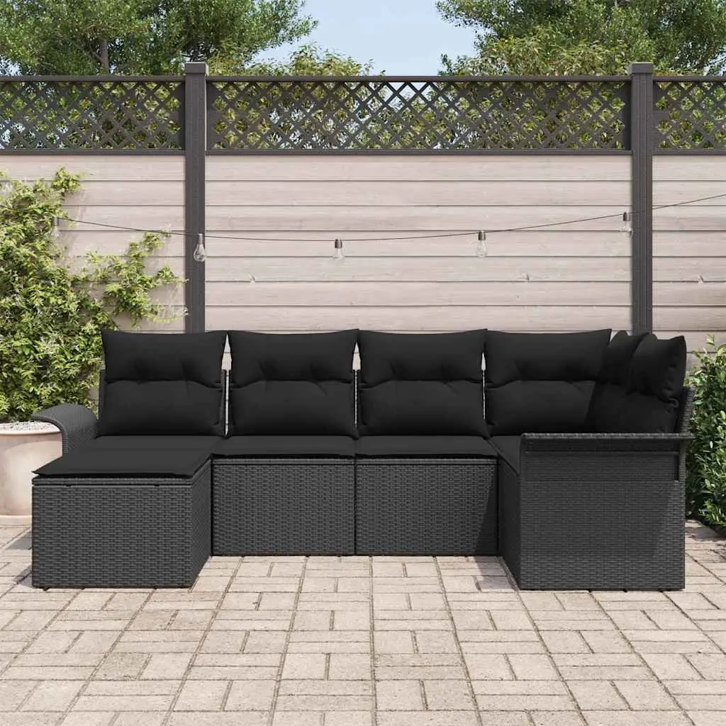 Garden Sofa Set with Storage 6 Pieces Black Poly Rattan Outdoor Furniture