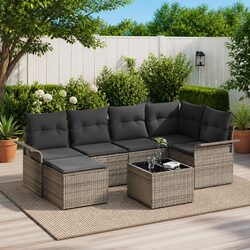 Garden Sofa Set 7 Pieces Grey Poly Rattan Outdoor Furniture with Cushions