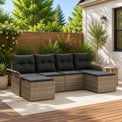 Garden Sofa Set 6 Pcs Grey Poly Rattan Outdoor Furniture with Cushions Tempered