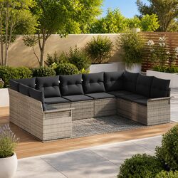 Garden Sofa Set with Cushion Grey Poly Rattan Outdoor Furniture Tempered Glass