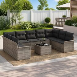 Garden Sofa Set 10 Pieces Grey Poly Rattan Outdoor Furniture with Cushion