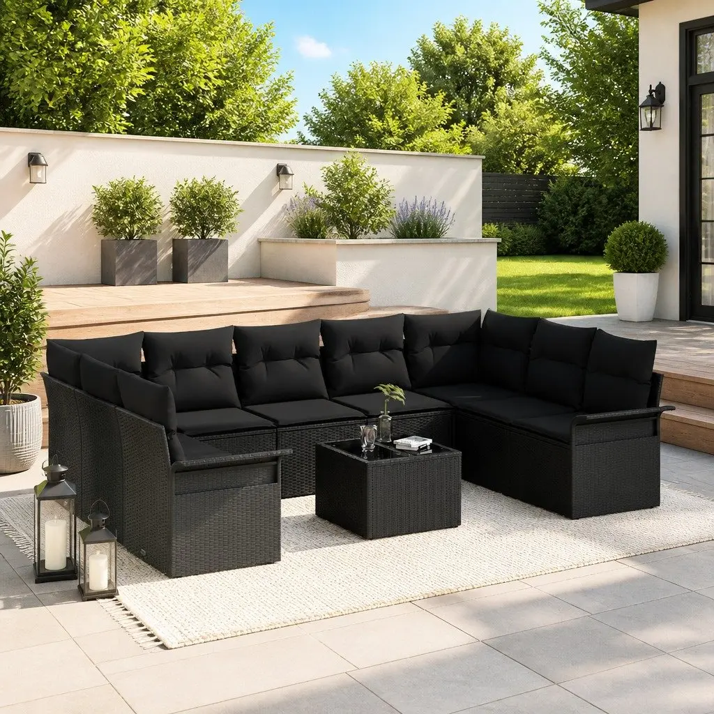 Garden Sofa Set 10 Piece Black Poly Rattan Outdoor Furniture with Cushions