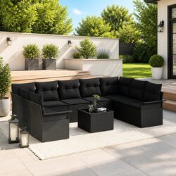 Garden Sofa Set 10 Piece Black Poly Rattan Outdoor Furniture with Cushions