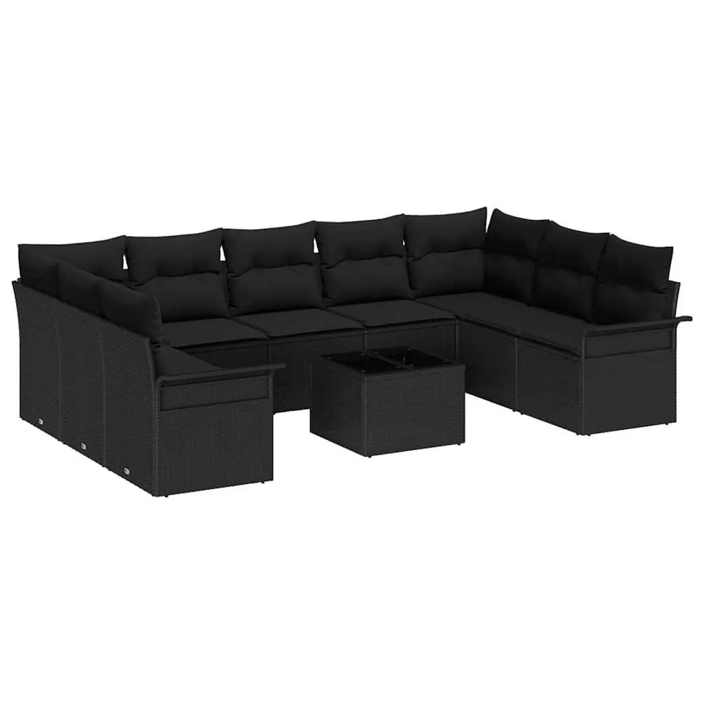 Garden Sofa Set 10 Piece Black Poly Rattan Outdoor Furniture with Cushions