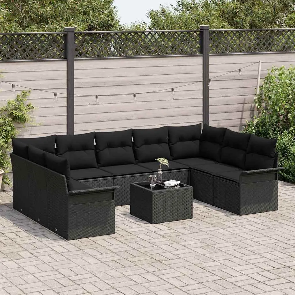 Garden Sofa Set 10 Piece Black Poly Rattan Outdoor Furniture with Cushions