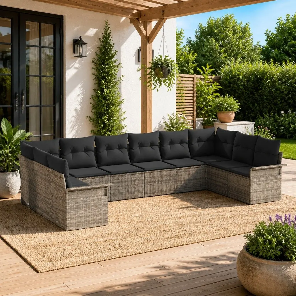 Garden Sofa Set 10 Piece Outdoor Furniture Poly Rattan Grey Patio Lounge Seating