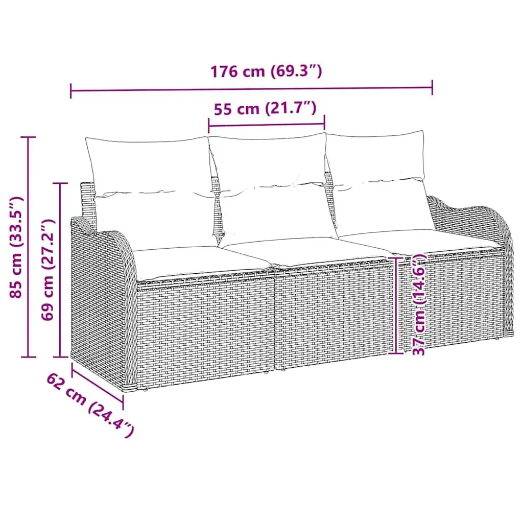 Garden Sofa Set Black 3 Piece Outdoor Furniture Cushioned Lounge Poly Rattan