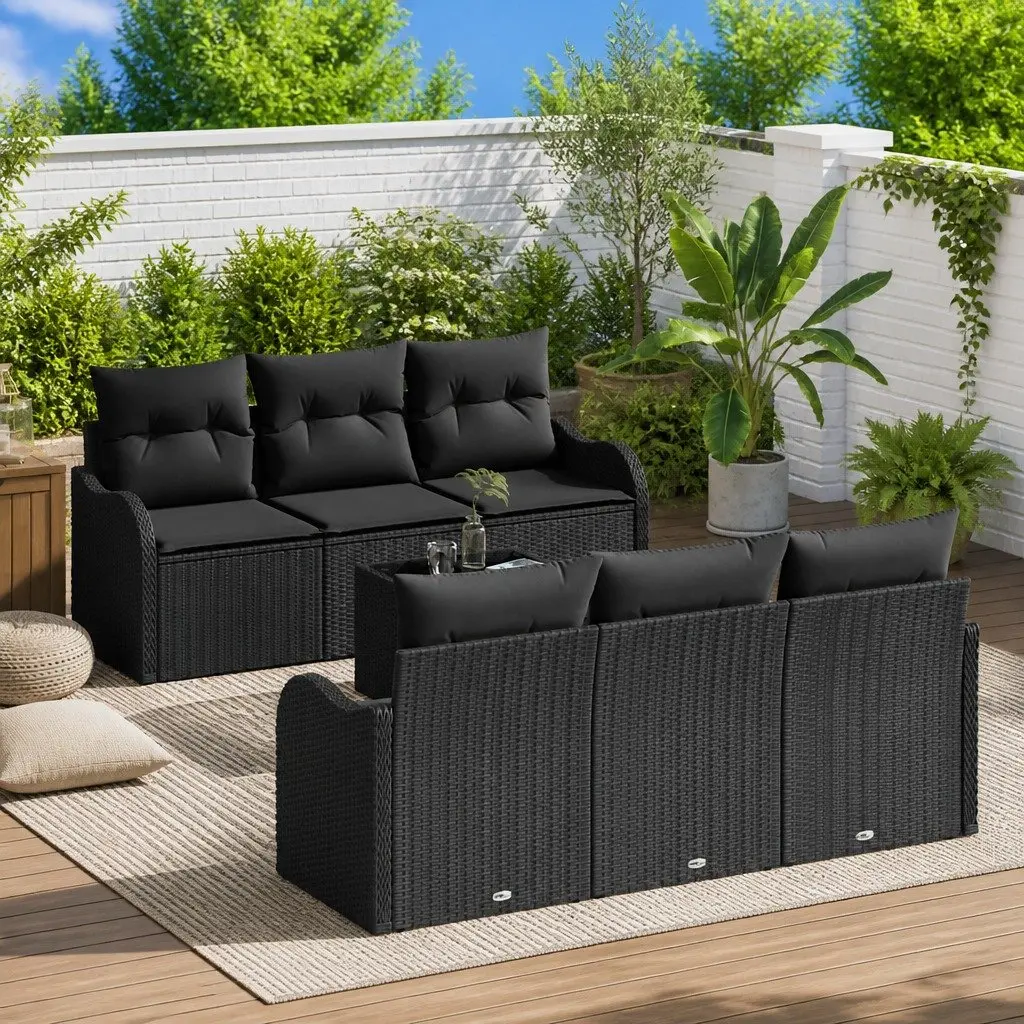 Outdoor Garden Sofa Set Black Poly Rattan Patio Furniture with Tempered Glass