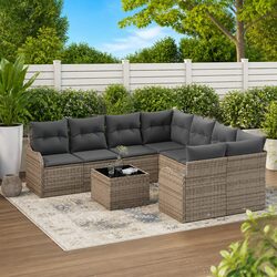 Concise 9-Piece Modular Sofa Set in Grey Poly Rattan
