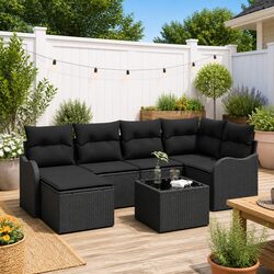 Garden Sofa Set 7 Piece Outdoor Patio Furniture Black Poly Rattan Modular Lounge