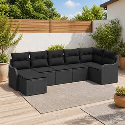 Outdoor Garden Sofa Set 7 Pieces Black Poly Rattan Patio Furniture Sectional