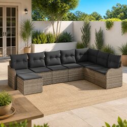 Outdoor Garden Sofa Set 8 Pcs Grey Poly Rattan Patio Furniture with Cushions