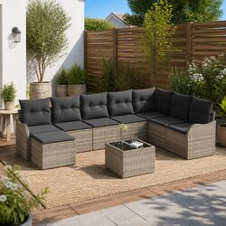Garden Sofa Set Grey Poly Rattan Outdoor Furniture Patio Lounge Seating Suite