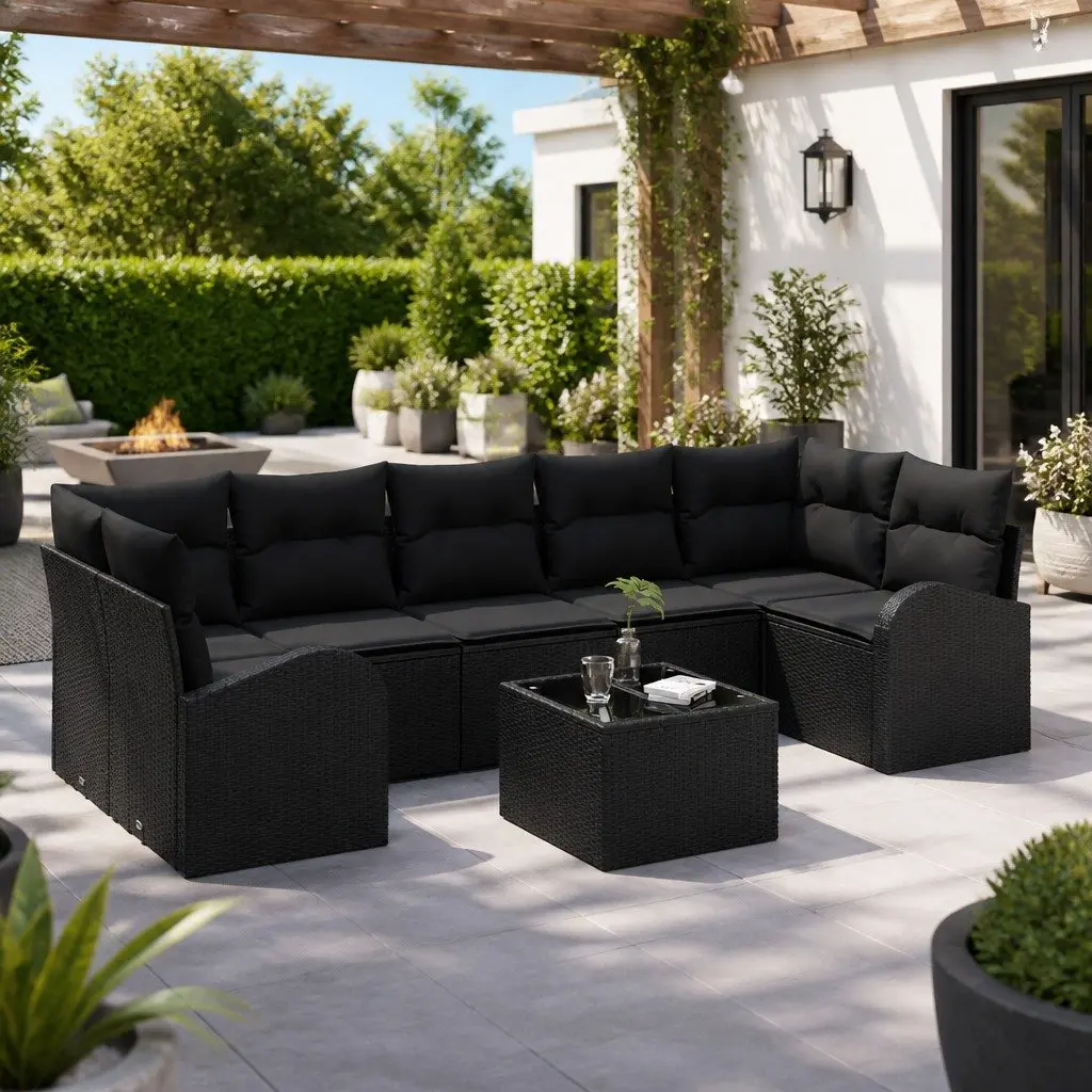 Modular Outdoor Sofa Set Black Poly Rattan with Glass Table 9 Piece for Garden Patio Seating