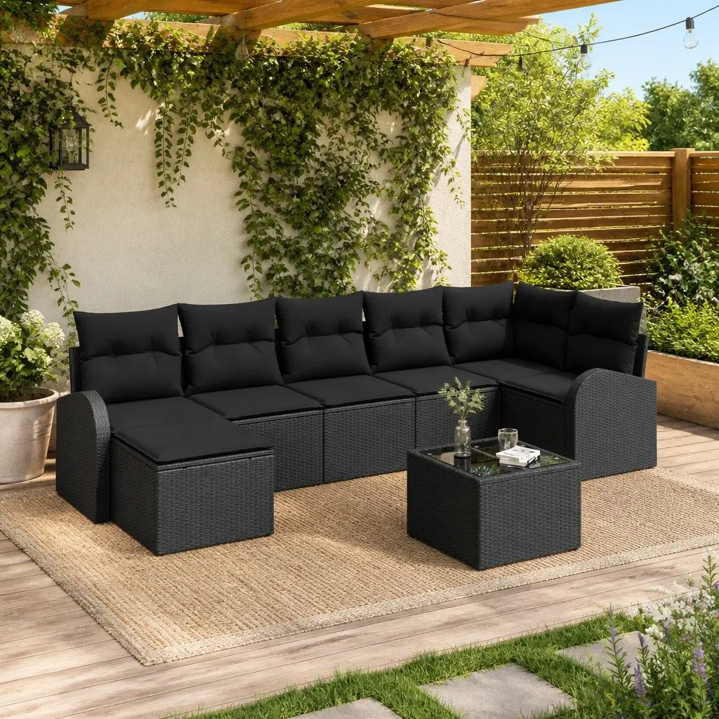 Modular Garden Sofa Set Black 8 Piece Poly Rattan Cushioned Patio Furniture