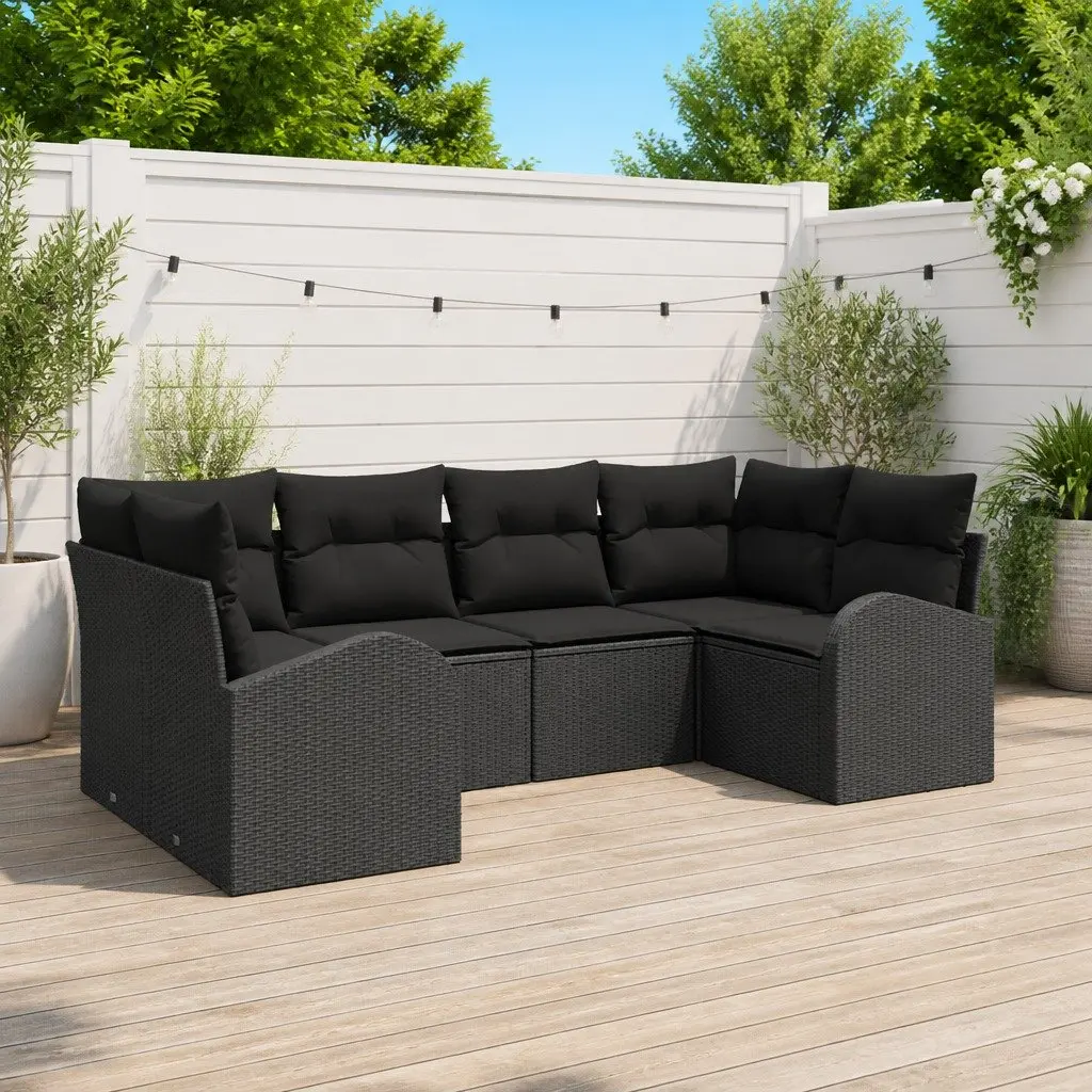 Modular Garden Sofa Set Black 6 Pieces Weather Resistant Poly Rattan Outdoor Furniture
