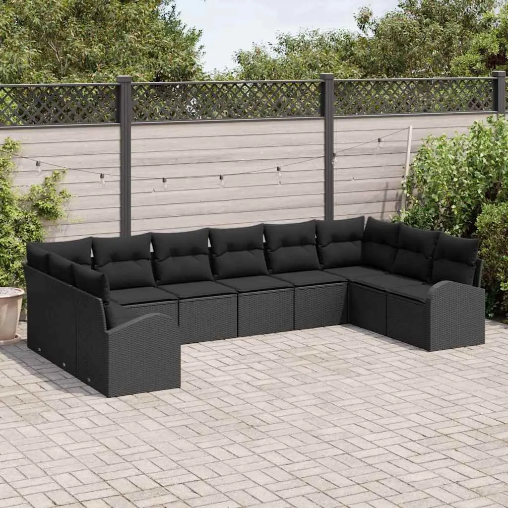 10-Piece Outdoor Sofa Set Black Poly Rattan Garden Furniture Modern Patio