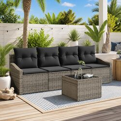 Outdoor Sofa Set 5 Piece Grey Poly Rattan Garden Patio Furniture with Cushions