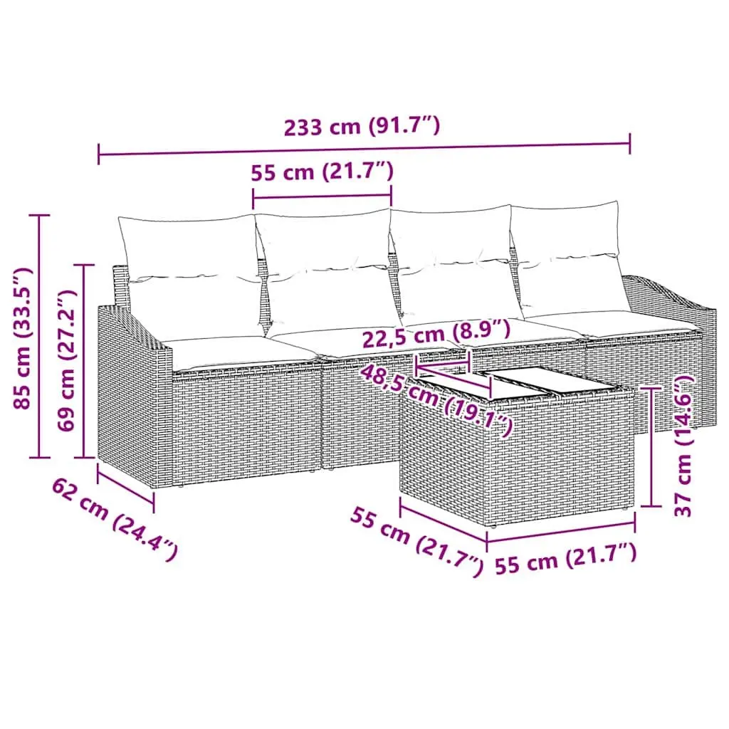 Outdoor Sofa Set Black 5 Piece Modular Lounge Suite with Foam-Filled Cushions