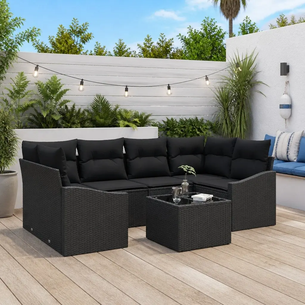 Modular Outdoor Sofa Set Black 7 Piece Poly Rattan Lightweight Adjustable Table Weather Resistant