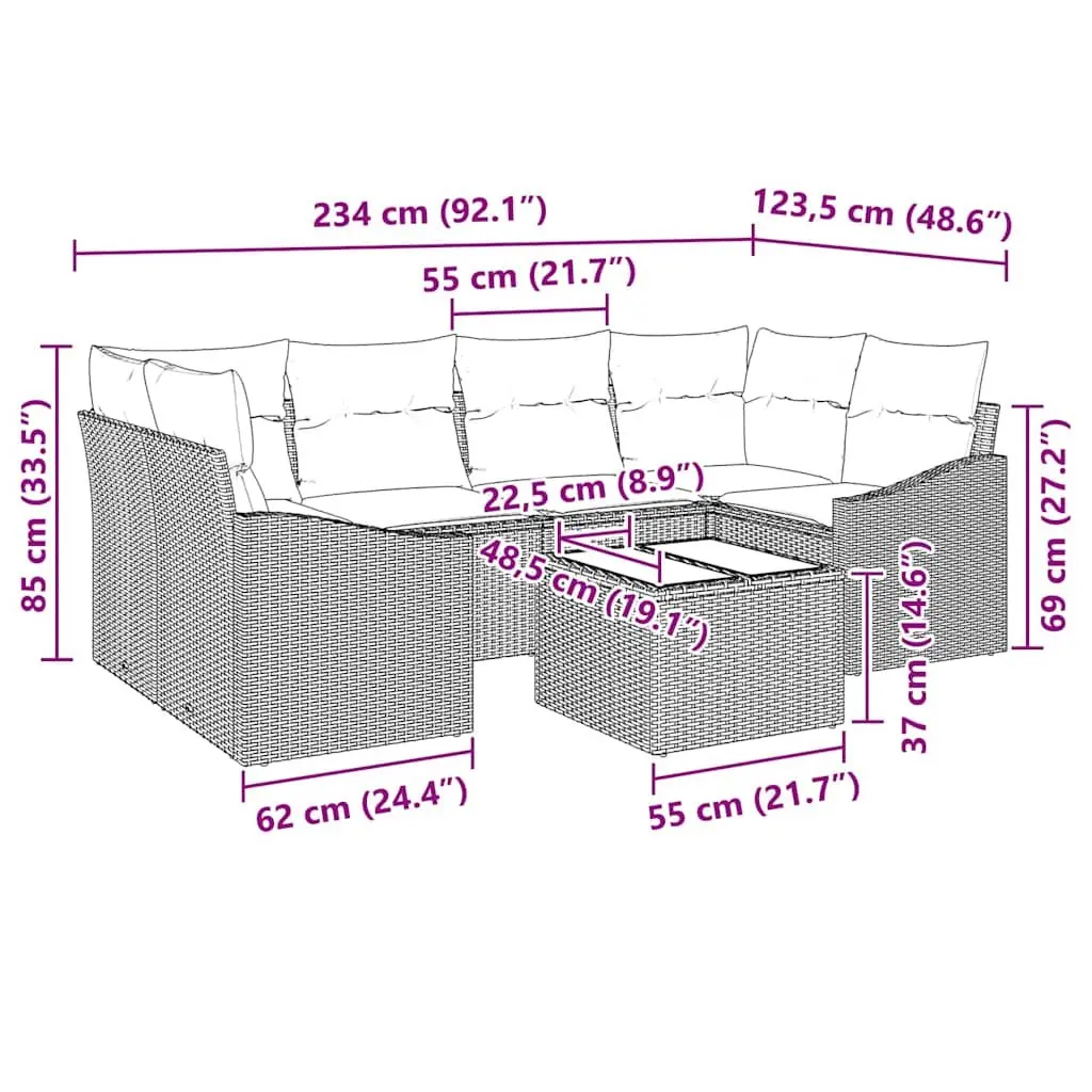 Modular Outdoor Sofa Set Black 7 Piece Poly Rattan Lightweight Adjustable Table Weather Resistant