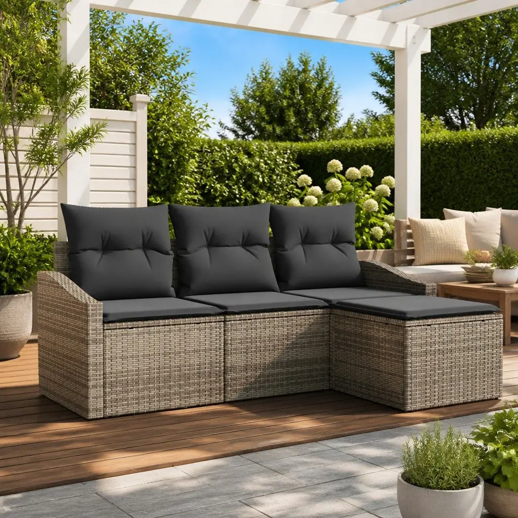 Outdoor Sofa Set Grey 4 Piece Poly Rattan Height Adjustable Table