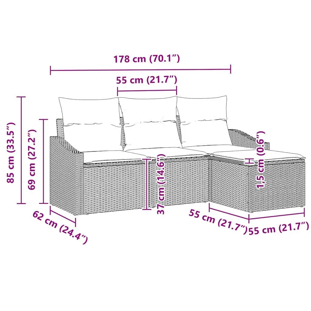 4 Piece Outdoor Sofa Set Black Hand-Woven Poly Rattan Garden Furniture Height-Adjustable Table