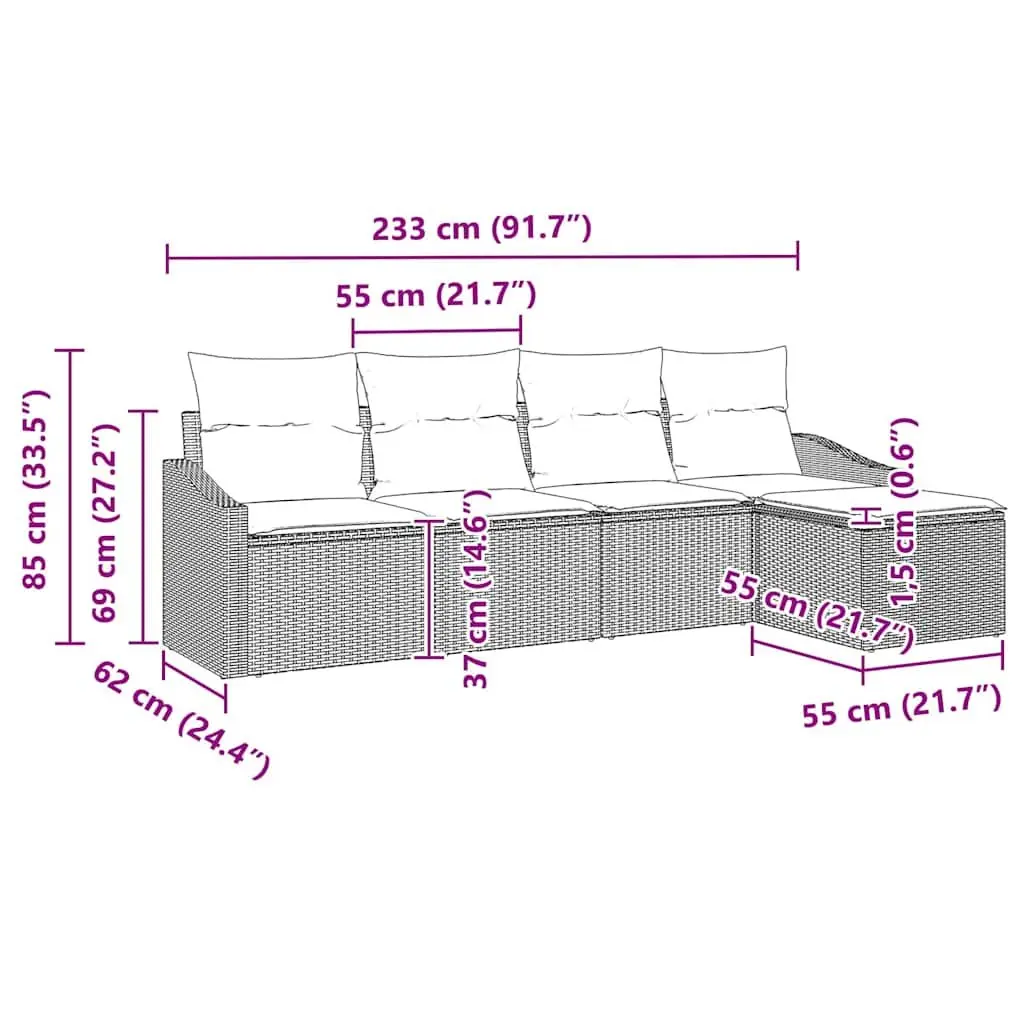 Outdoor Garden Sofa Set 5 Pieces Grey Poly Rattan Furniture Patio Seating