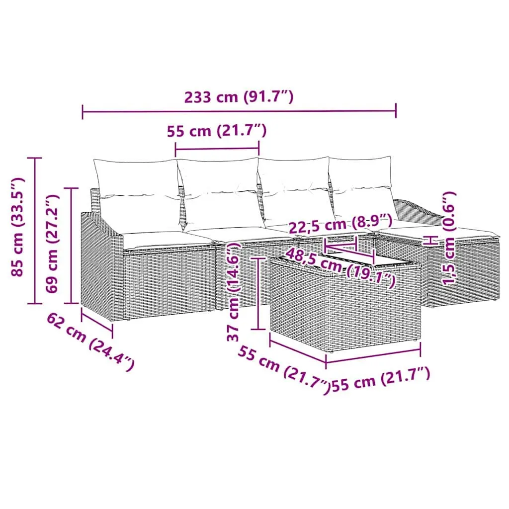 Outdoor Sofa Set Grey 6 Piece Poly Rattan Garden Furniture with Cushions