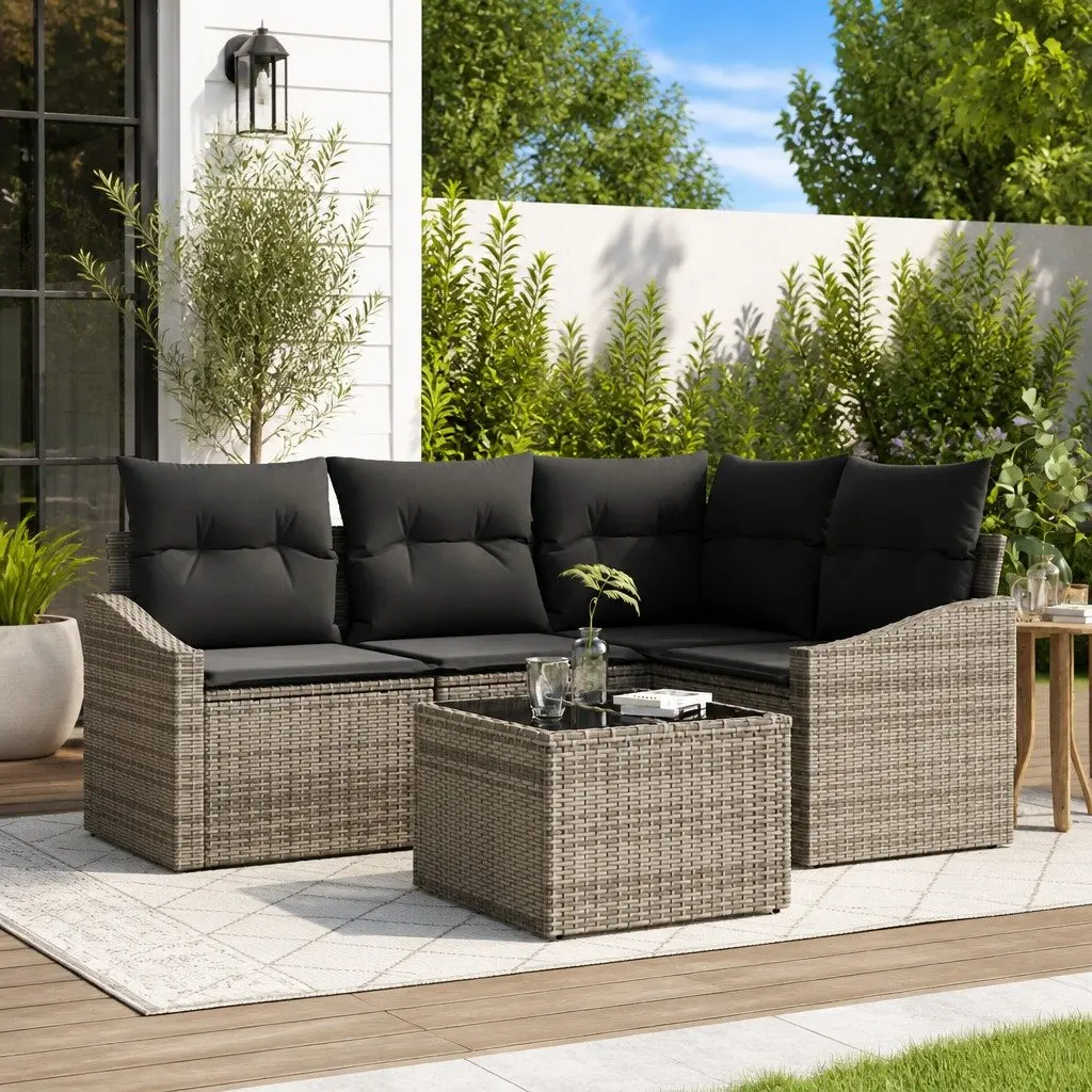 5 Piece Outdoor Sofa Set Grey Poly Rattan Sectional with Removable Cushions