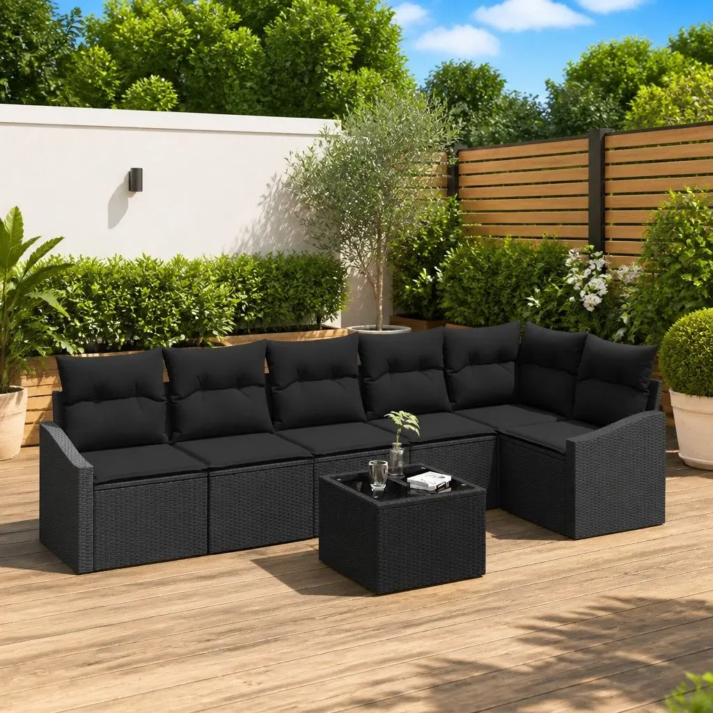 Outdoor Sofa Set Black 7 Pieces Poly Rattan Garden Furniture with Cushions