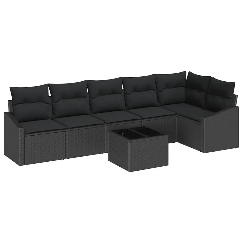 Outdoor Sofa Set Black 7 Pieces Poly Rattan Garden Furniture with Cushions