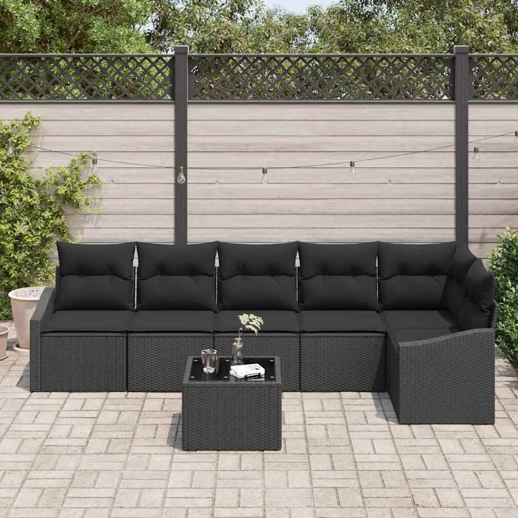 Outdoor Sofa Set Black 7 Pieces Poly Rattan Garden Furniture with Cushions