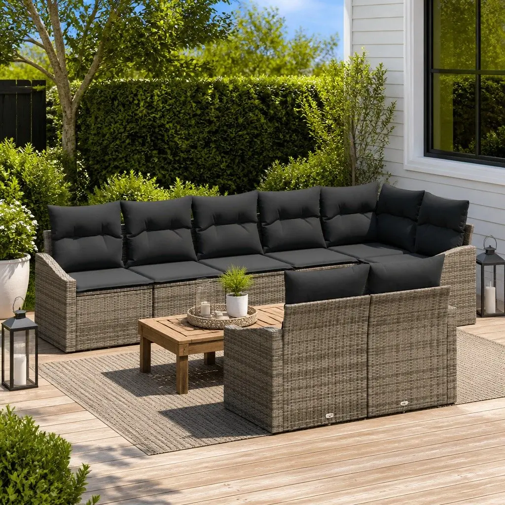 Outdoor Garden Sofa Set Grey 8 Pieces Poly Rattan with Height Adjustable Tabletop and Removable Cushion Covers