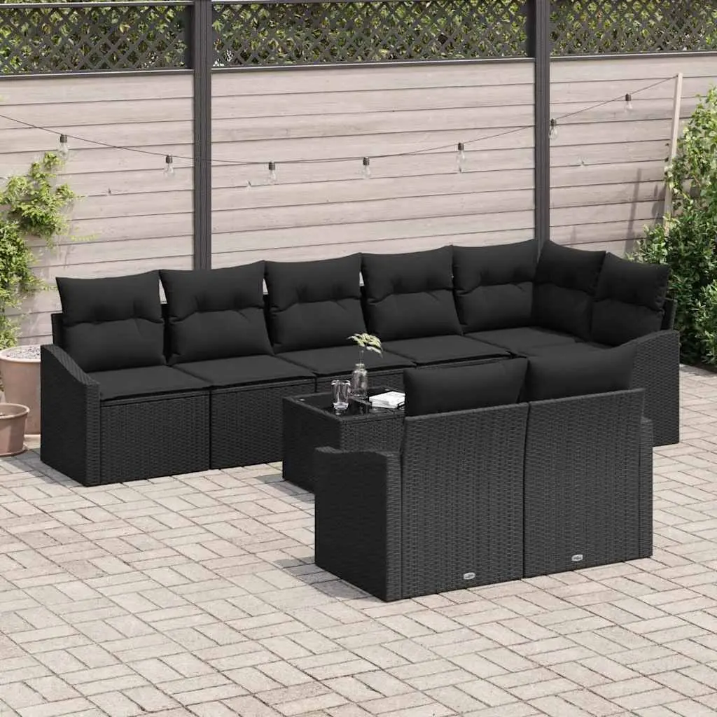 9 Piece Outdoor Garden Sofa Set Black Poly Rattan Patio Furniture with Cushions