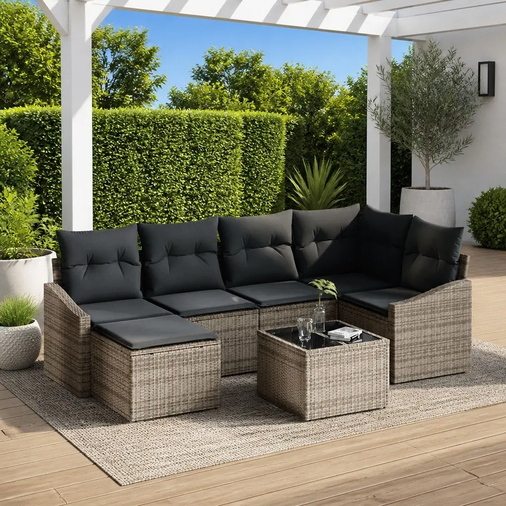 Outdoor Sofa Set Grey 7 Piece Modular Poly Rattan Garden Furniture