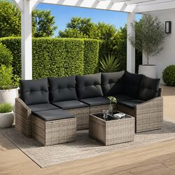 Outdoor Sofa Set 7 Piece Grey Poly Rattan Garden Furniture Modular Patio Lounge