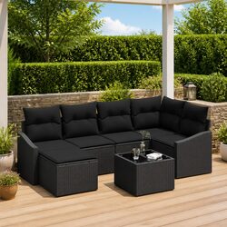 7-Piece Black Poly Rattan Outdoor Sofa Set
