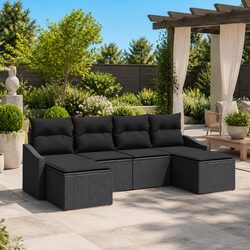 Outdoor Sofa Set 6 Pieces Black Poly Rattan Garden Furniture with Cushions
