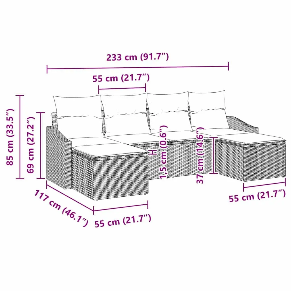 Outdoor Sofa Set Black 6 Pieces Poly Rattan Modular with Cushions Adjustable Table
