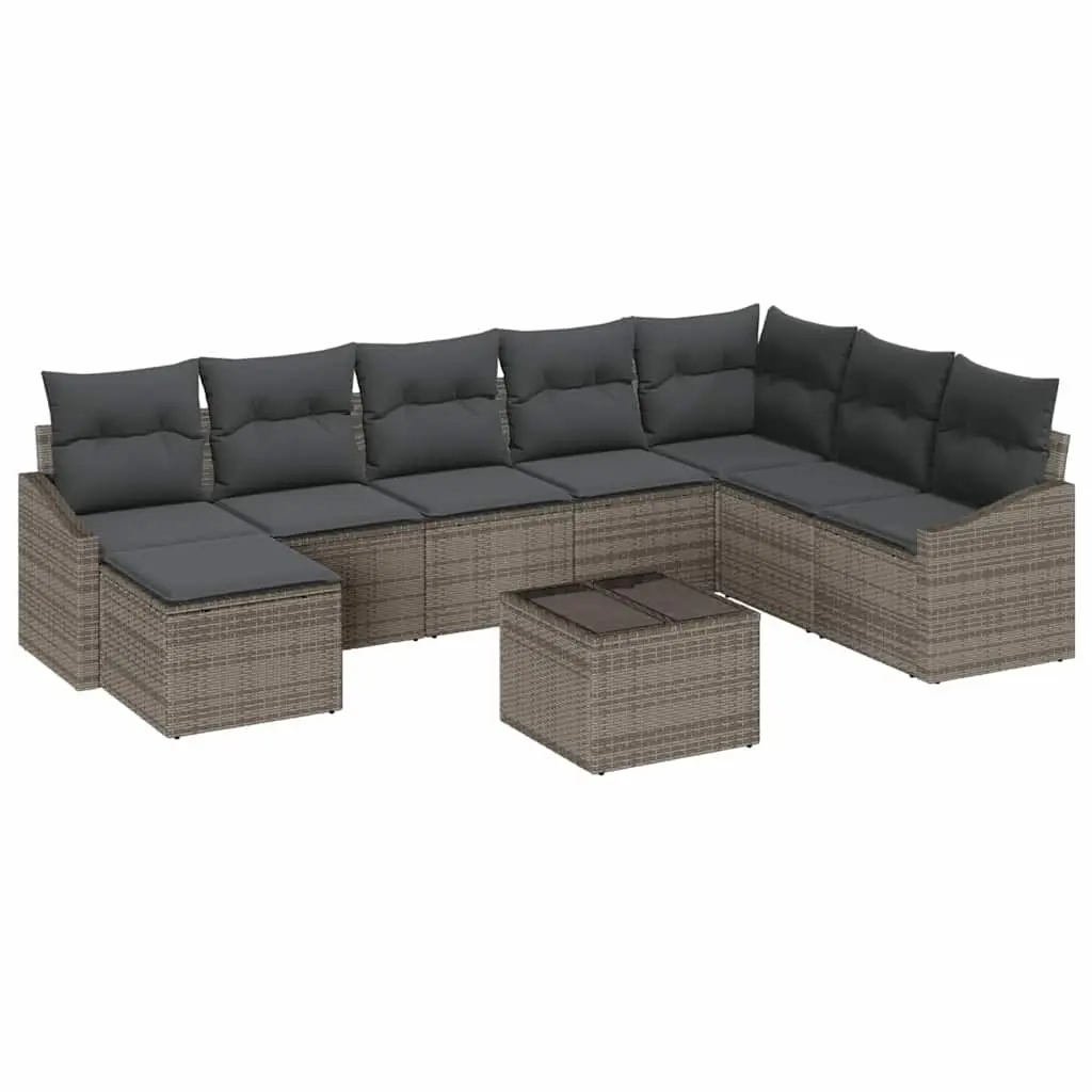 Modular Outdoor Sofa Set 9 Piece Grey Poly Rattan with Removable Cushions and Height Adjustable Table