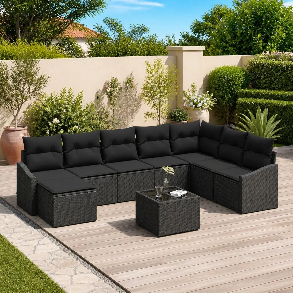 Modular Outdoor Garden Sofa Set Black 9 Pieces Weather-Resistant Poly Rattan with Removable Cushions and Height-Adjustable Table