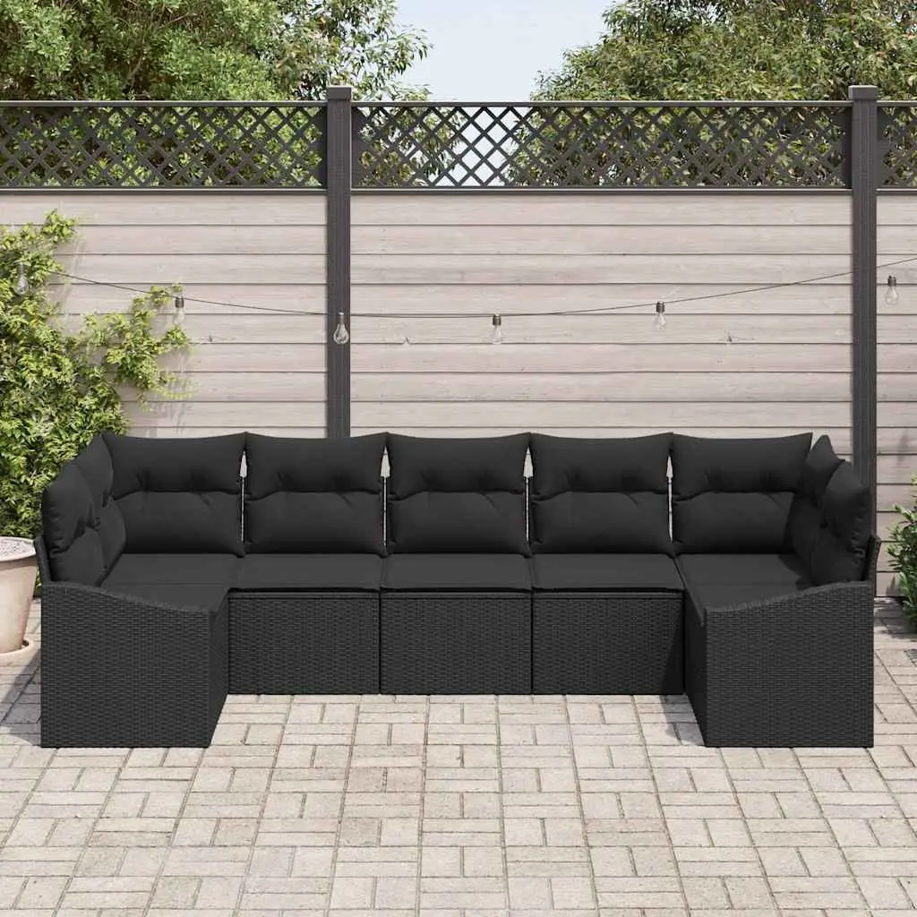 Outdoor Sofa Set Black 7 Piece Poly Rattan Frame Tempered Glass Table Foam Filled Cushions