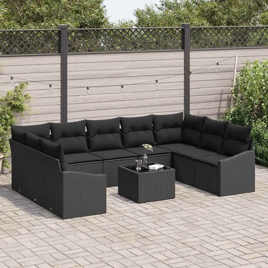 Modular Garden Sofa Set Black 10 Piece Poly Rattan Outdoor Furniture with Adjustable Table and Removable Cushion Covers