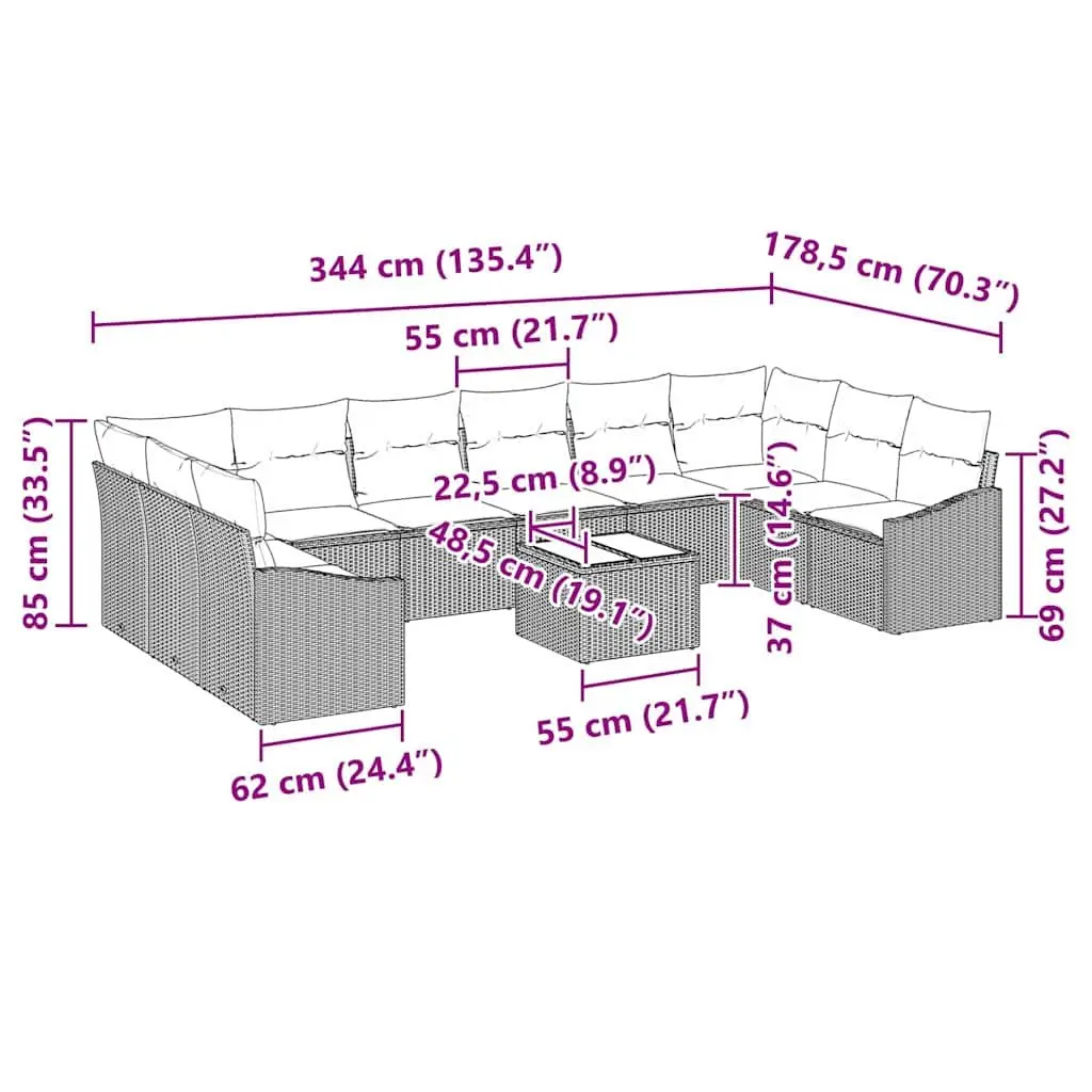 Outdoor Sofa Set 11 Pieces Black Poly Rattan Garden Patio Furniture with
