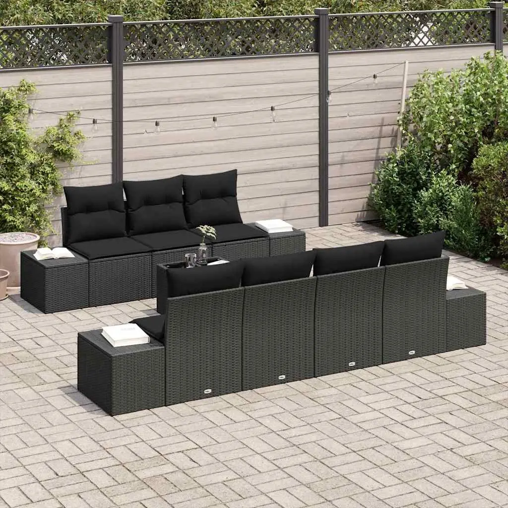 Garden Sofa Set Black 8 Pieces Modular Outdoor Furniture with Cushions and Tempered Glass Table